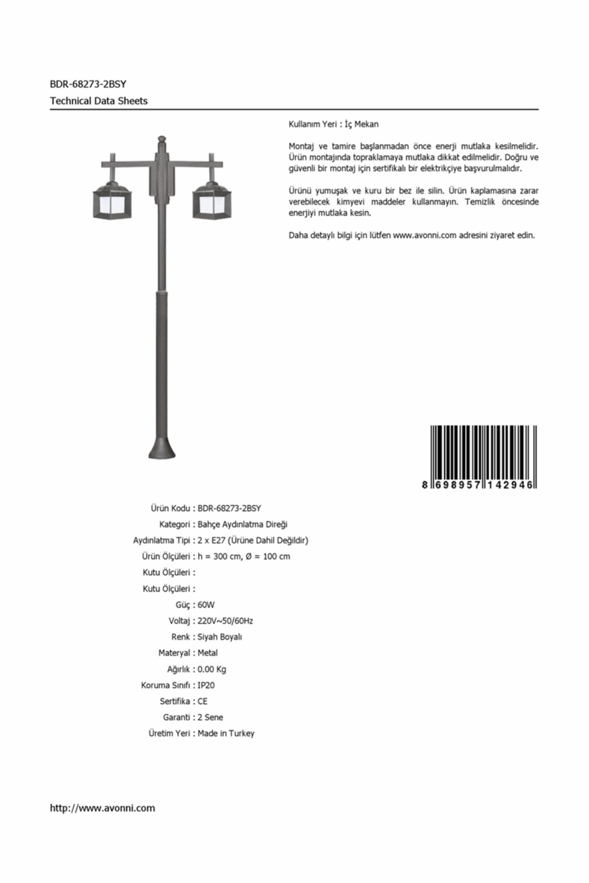 Bahçe Direkleri E27 24W 100cm Çelik Boru Siyah Dorbien-BDR-68273-2BSY