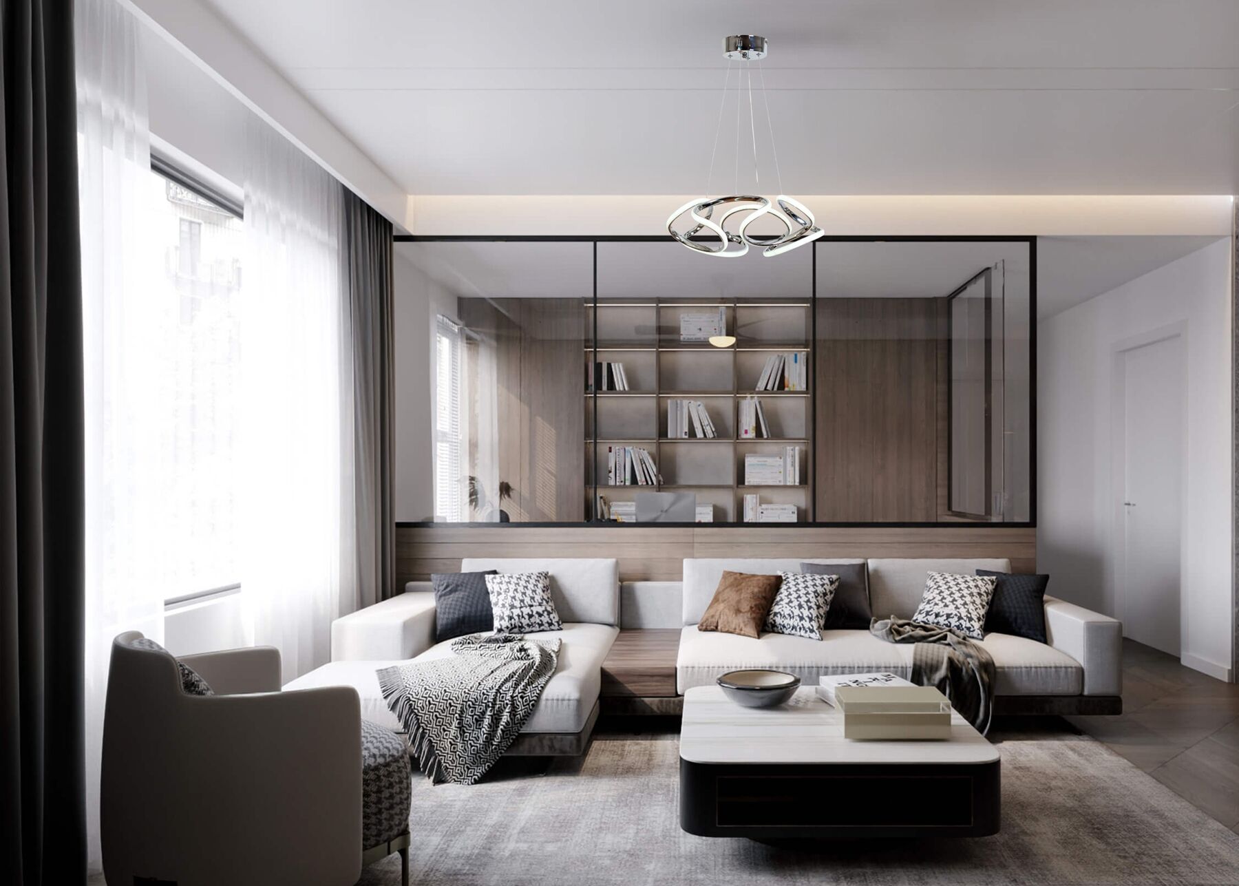 Şans Modern Avize LED 44W 45x42cm Alüminyum Profil Krom Dorbien-AV-6117-4K