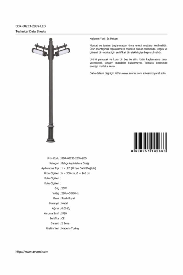 Bahçe Direkleri LED 20W 140cm Çelik Boru Siyah Dorbien-BDR-68233-2BSY-LED