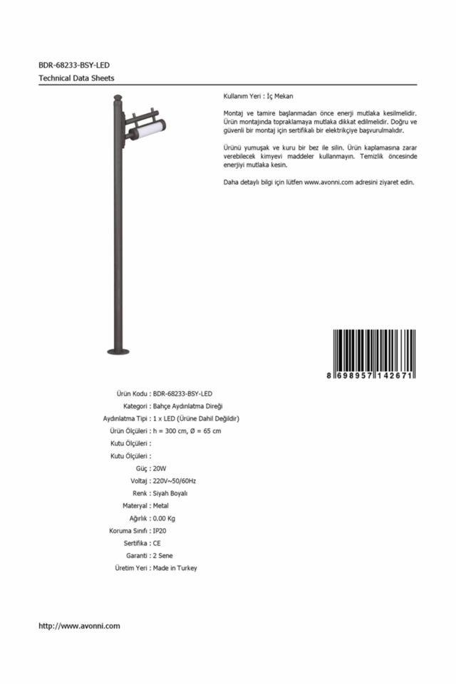 Bahçe Direkleri LED 20W 65cm Çelik Boru Siyah Dorbien-BDR-68233-BSY-LED