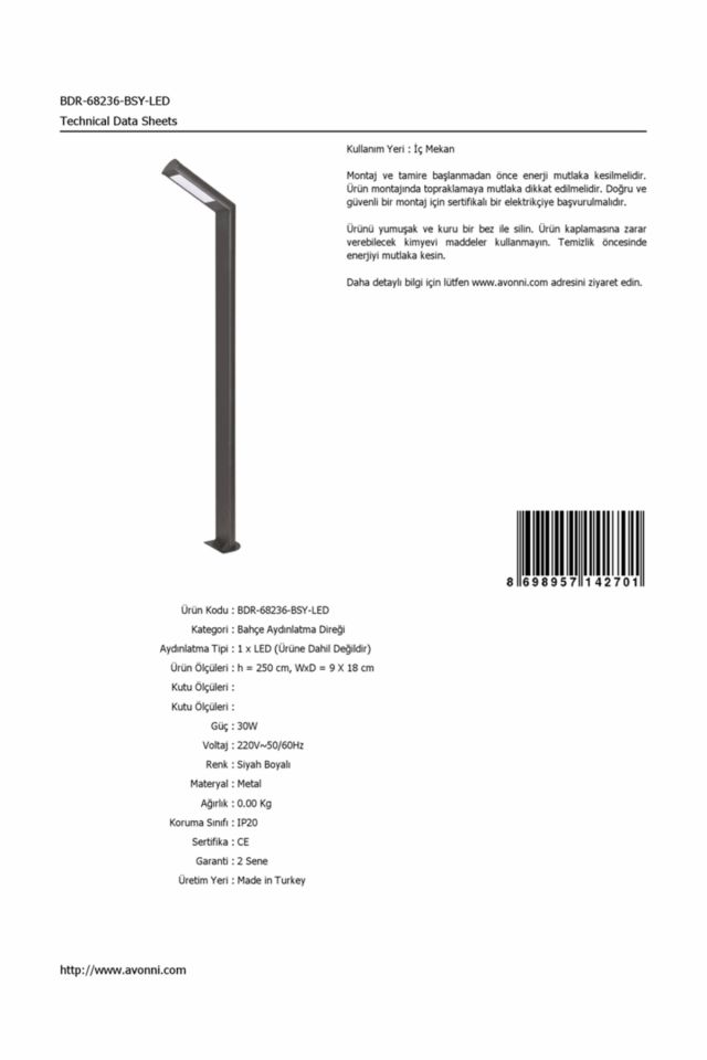 Bahçe Direkleri LED 30W 9x18cm Alüminyum Profil Siyah Dorbien-BDR-68236-BSY-LED