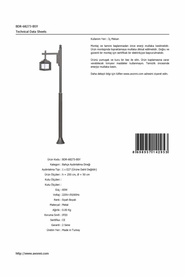Bahçe Direkleri E27 12W 50cm Çelik Boru Siyah Dorbien-BDR-68273-BSY