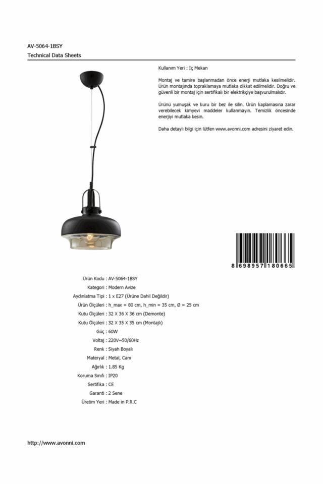 Valentina Sarkıt E27 12W 25cm Metal Siyah Avonni-AV-5064-1BSY