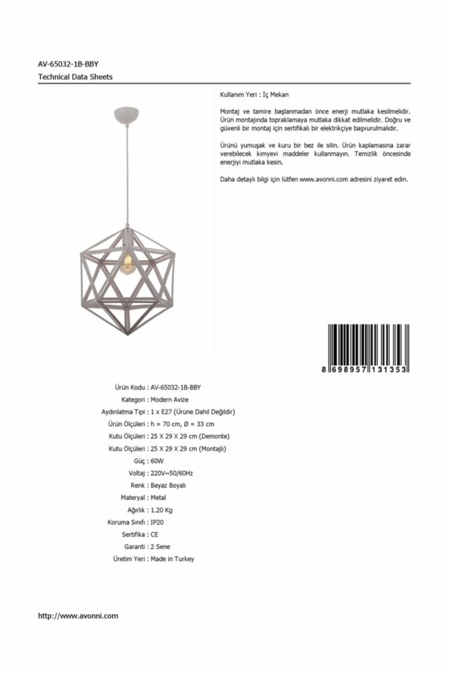 Astral Sarkıt E27 12W 33cm Metal Beyaz Avonni-AV-65032-1B-BBY