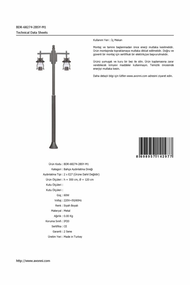 Bahçe Direkleri E27 24W 120cm Çelik Boru Siyah Dorbien-BDR-68274-2BSY-M1