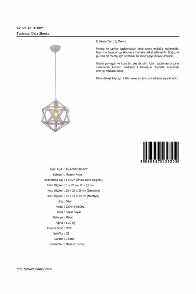 Astral Sarkıt E27 12W 25cm Metal Beyaz Avonni-AV-65032-1K-BBY