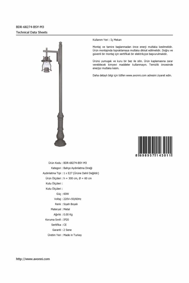 Bahçe Direkleri E27 12W 60cm Çelik Boru Siyah Dorbien-BDR-68274-BSY-M3