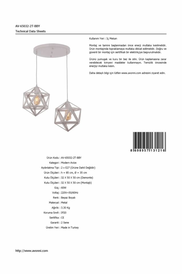 Astral Modern Avize E27 24W 35cm Metal Beyaz Avonni-AV-65032-2T-BBY