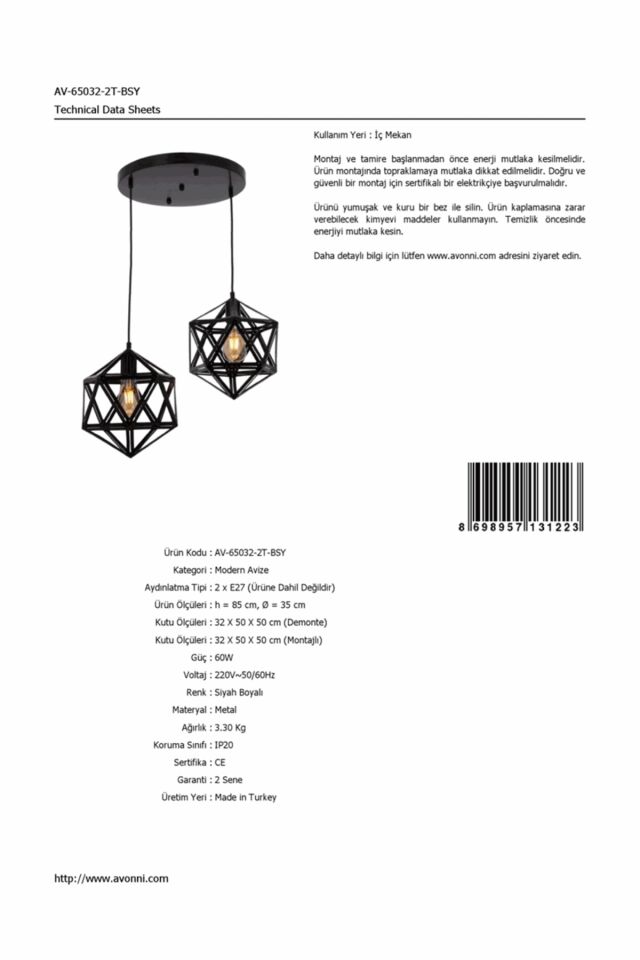 Astral Modern Avize E27 24W 35cm Metal Siyah Avonni-AV-65032-2T-BSY
