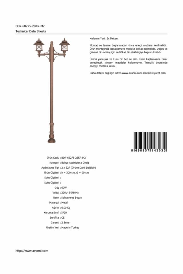 Bahçe Direkleri E27 24W 90cm Çelik Boru Kahverengi Dorbien-BDR-68275-2BKR-M2