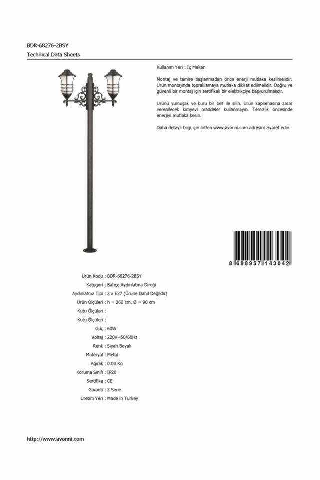 Bahçe Direkleri E27 24W 90cm Çelik Boru Siyah Dorbien-BDR-68276-2BSY