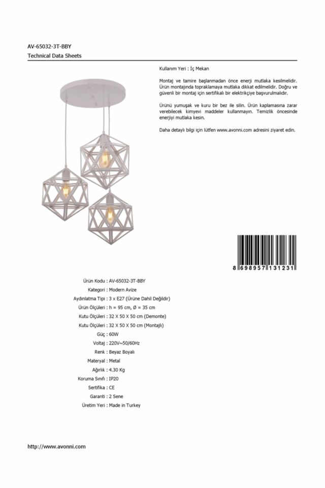 Astral Modern Avize E27 36W 35cm Metal Beyaz Avonni-AV-65032-3T-BBY