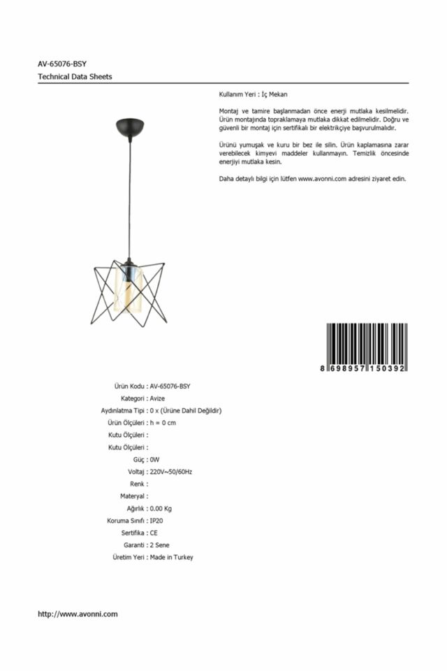 Prizma Modern Avize E27 12W 20x20cm Metal Siyah Dorbien-AV-65076-BSY