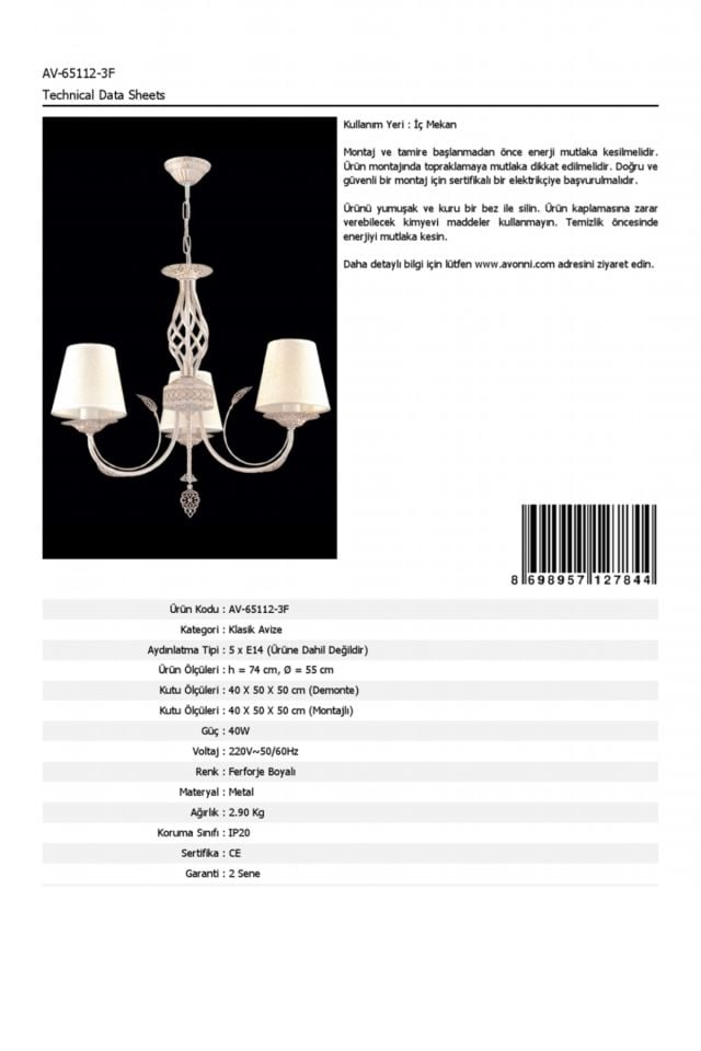 Erciyes Klasik Avize E14 18W 55cm Metal Ferforje Dorbien-AV-65112-3F