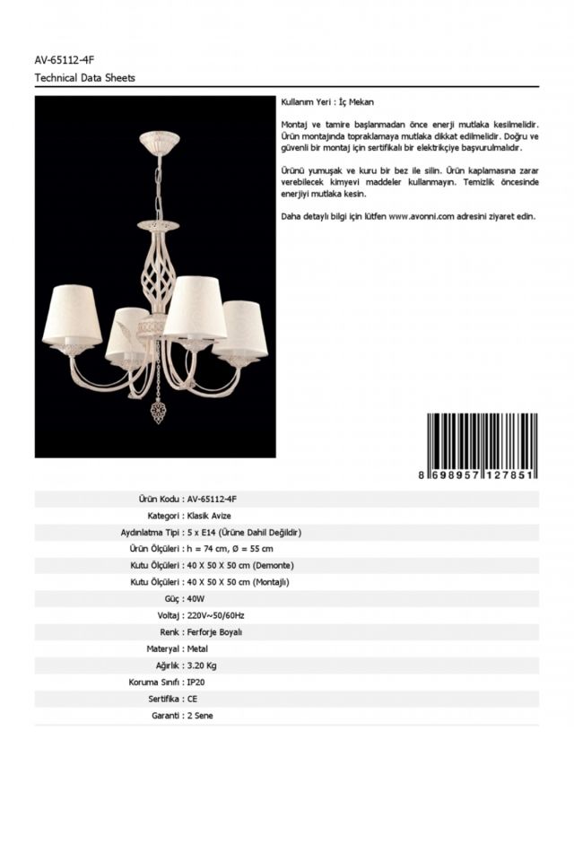 Erciyes Klasik Avize E14 24W 55cm Metal Ferforje Dorbien-AV-65112-4F