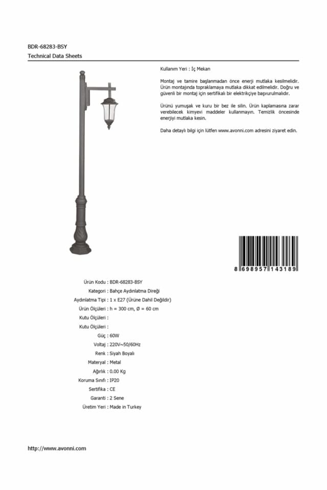 Bahçe Direkleri E27 12W 60cm Çelik Boru Siyah Dorbien-BDR-68283-BSY