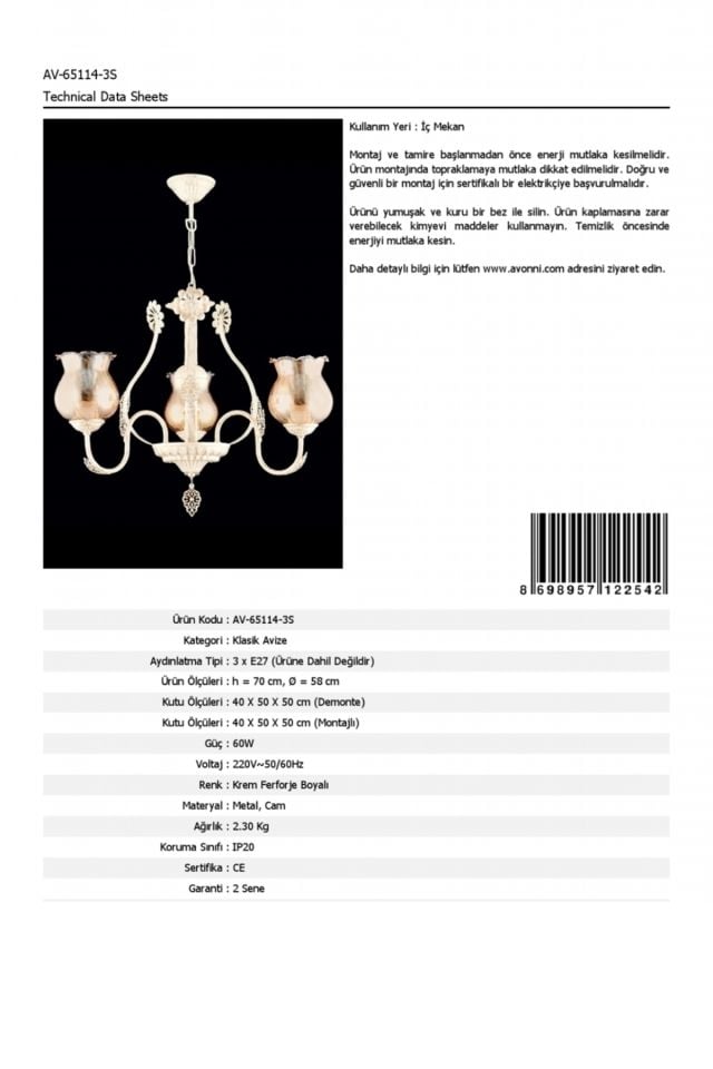 Ceren Klasik Avize E27 36W 58cm Metal Krem Ferforje Dorbien-AV-65114-3S