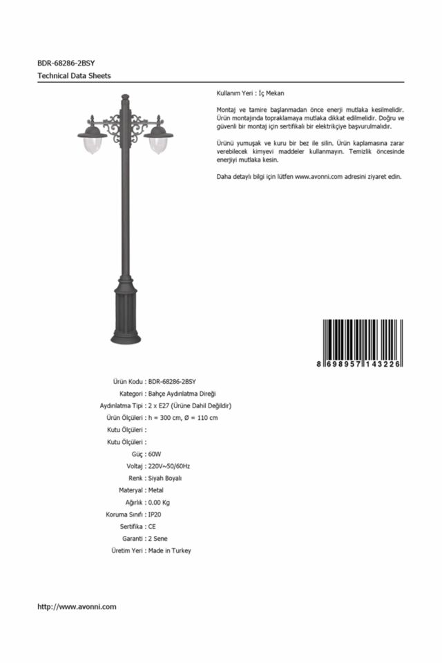 Bahçe Direkleri E27 24W 110cm Çelik Boru Siyah Dorbien-BDR-68286-2BSY
