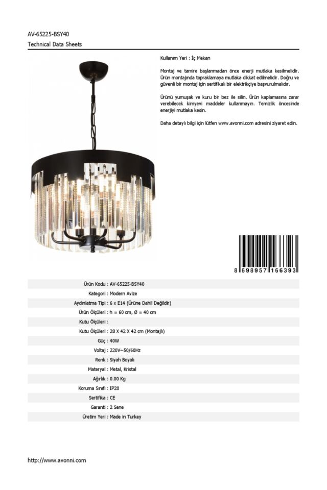 Ceremony Klasik Avize E14 36W 40cm Metal Siyah Dorbien-AV-65225-BSY40