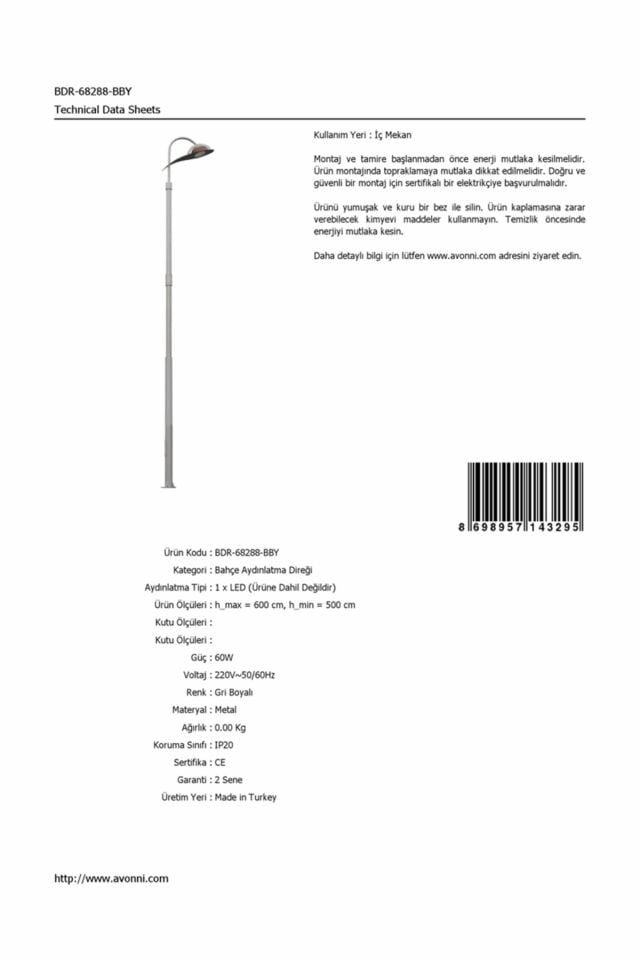 Bahçe Direkleri LED 60W 60cm Çelik Boru Gri Dorbien-BDR-68288-BBY