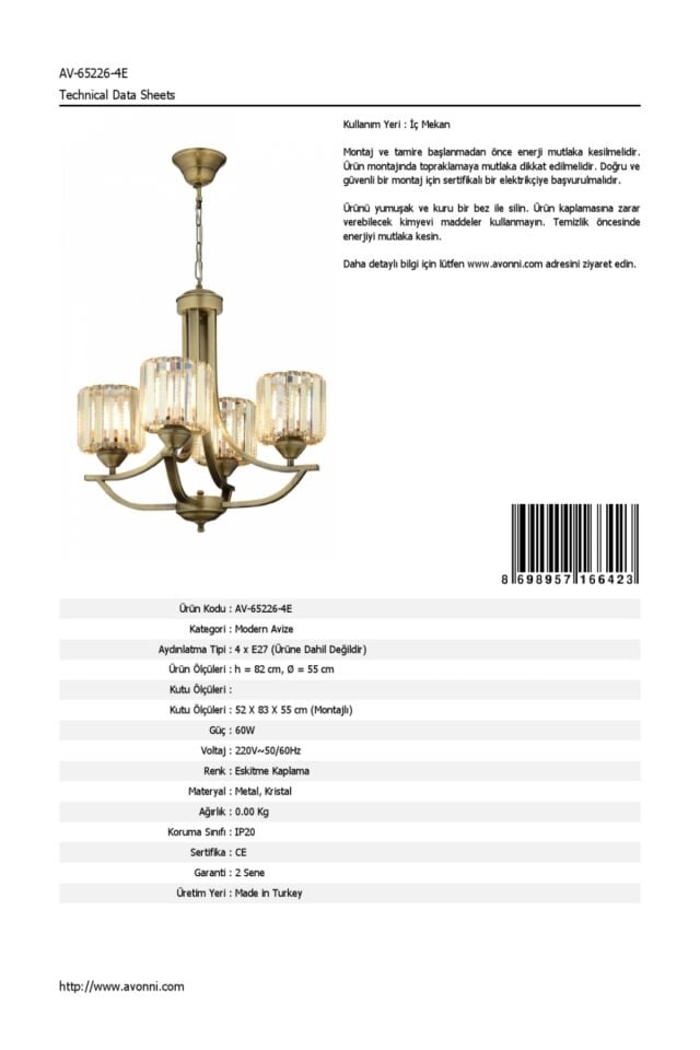 Sag Modern Avize E27 48W 55cm Metal Eskitme Dorbien-AV-65226-4E