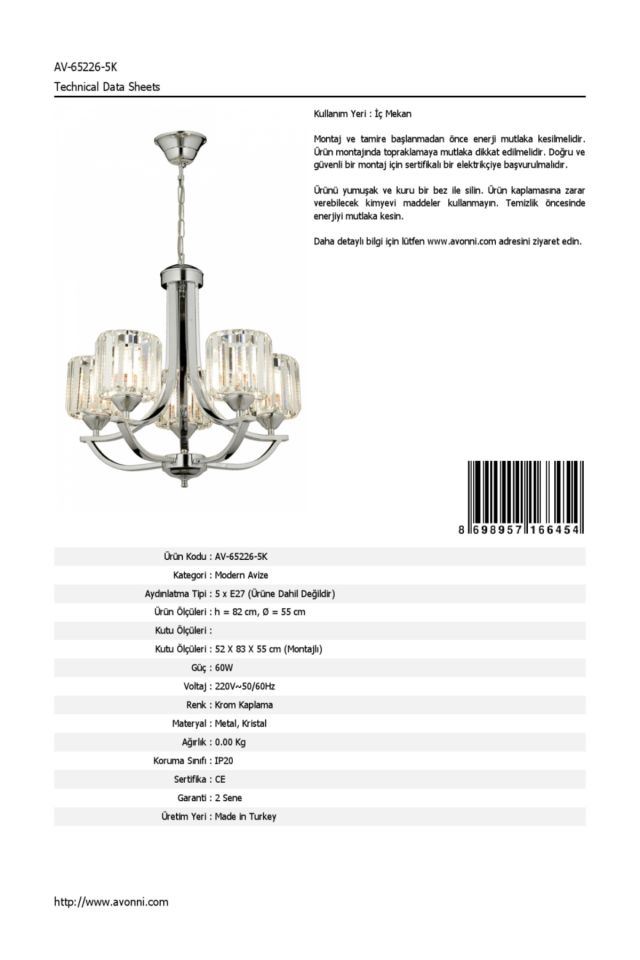 Sag Modern Avize E27 60W 55cm Metal Krom Dorbien-AV-65226-5K