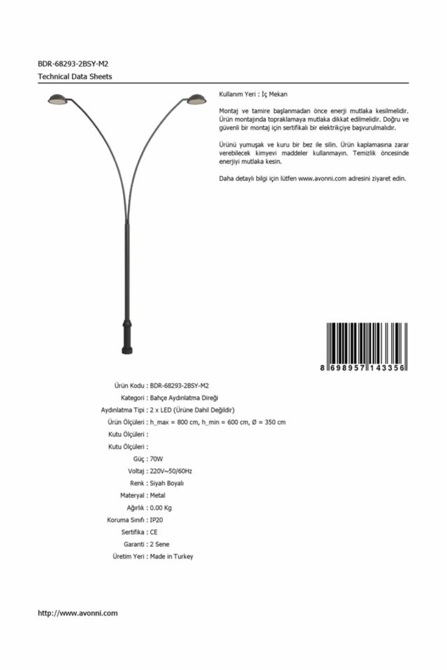 Bahçe Direkleri LED 70W 350cm Çelik Boru Siyah Dorbien-BDR-68293-2BSY-M2