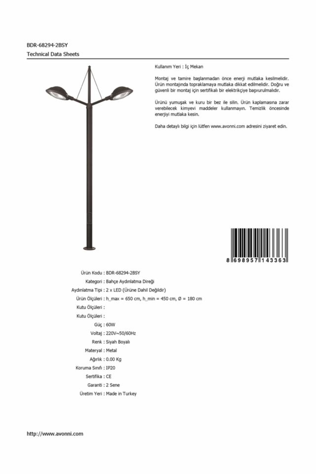 Bahçe Direkleri LED 60W 180cm Çelik Boru Siyah Dorbien-BDR-68294-2BSY