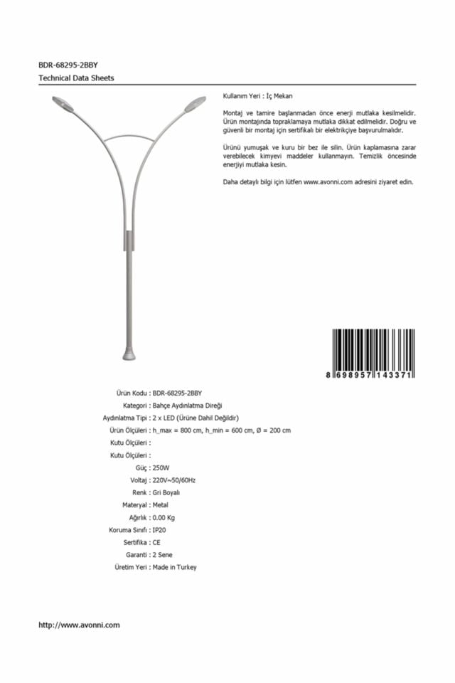 Bahçe Direkleri LED 250W 200cm Çelik Boru Gri Dorbien-BDR-68295-2BBY