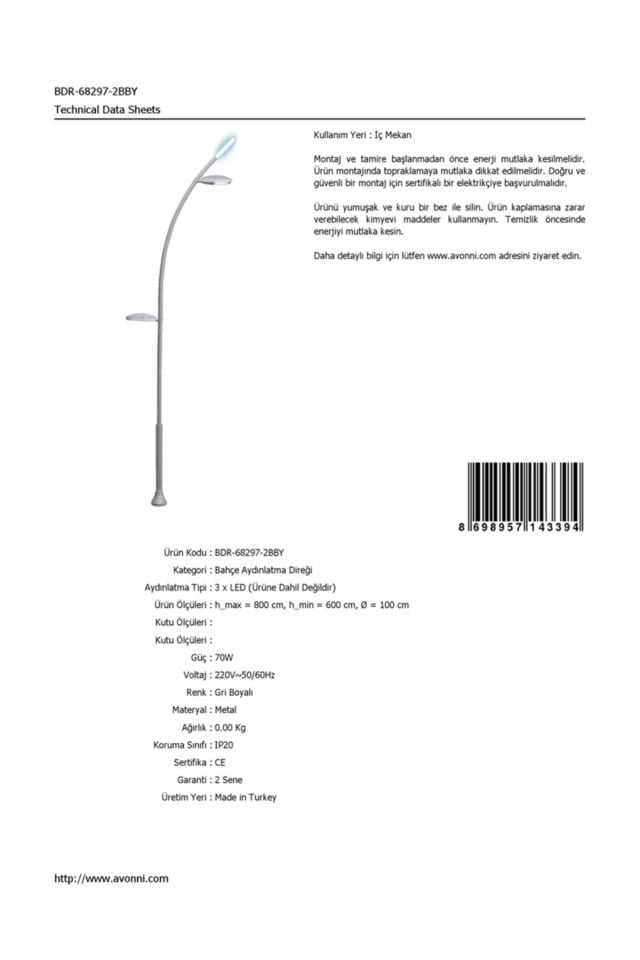 Bahçe Direkleri LED 70W 100cm Çelik Boru Gri Dorbien-BDR-68297-2BBY