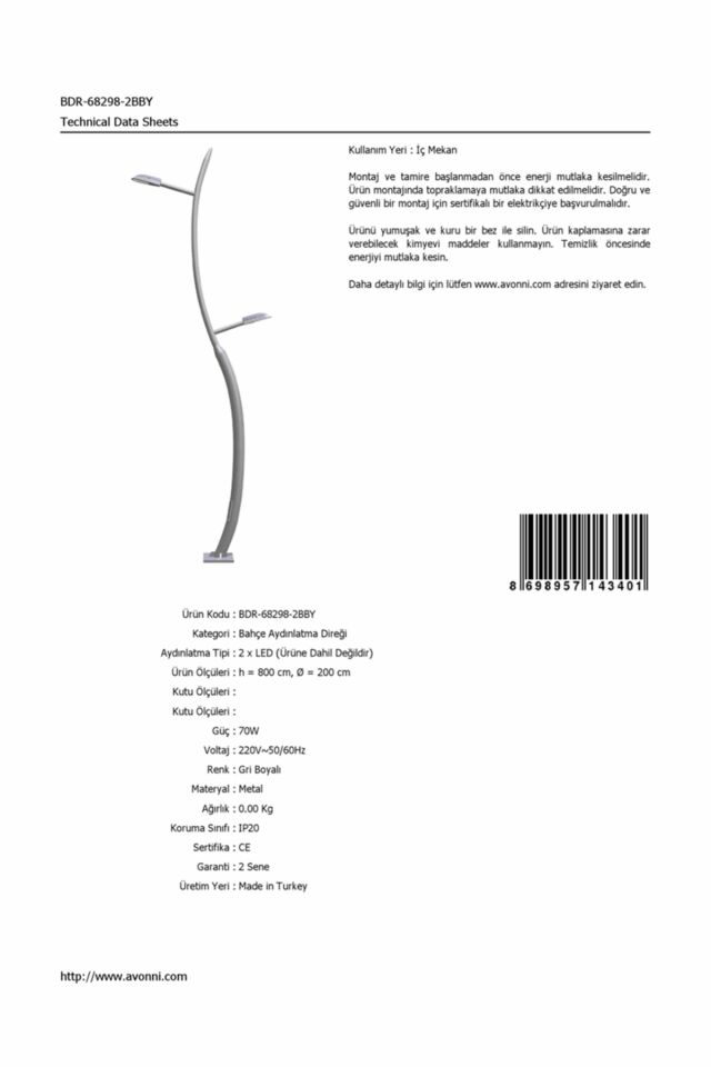 Bahçe Direkleri LED 70W 200cm Çelik Boru Gri Dorbien-BDR-68298-2BBY