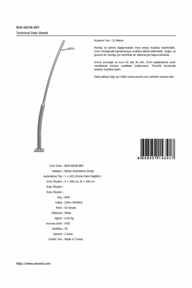 Bahçe Direkleri LED 60W 200cm Çelik Boru Gri Dorbien-BDR-68298-BBY