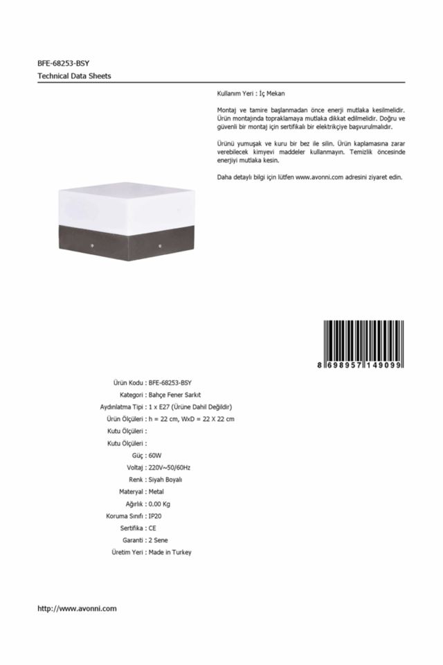 Bahçe Fenerleri E27 12W 22x22cm Alüminyum Profil Siyah Dorbien-BFE-68253-BSY