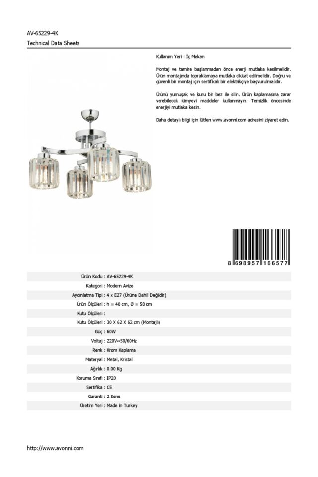 İkram Modern Avize E27 48W 58cm Metal Krom Dorbien-AV-65229-4K