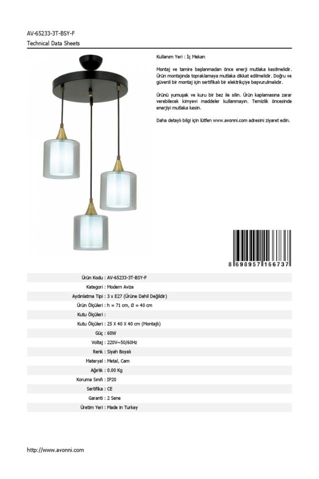 Selvi Modern Avize E27 36W 40cm Metal Siyah Dorbien-AV-65233-3T-BSY-F