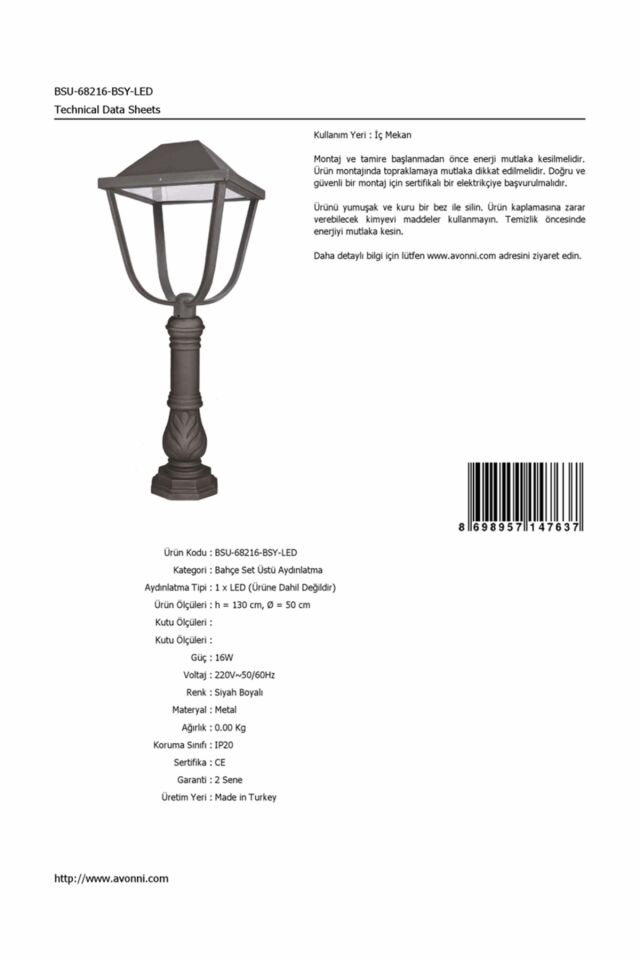 Bahçe Set Üstü Aydınlatma LED 16W 50cm Çelik Boru Siyah Dorbien-BSU-68216-BSY-LED