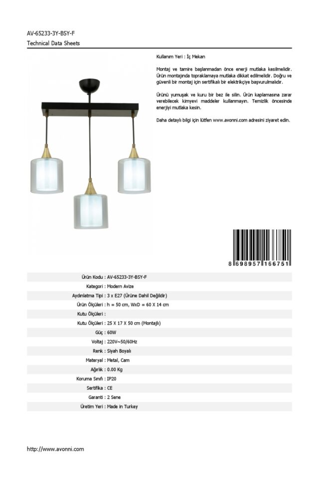 Selvi Modern Avize E27 36W 60x14cm Metal Siyah Dorbien-AV-65233-3Y-BSY-F