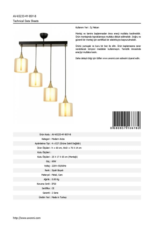 Selvi Modern Avize E27 48W 70x14cm Metal Siyah Dorbien-AV-65233-4Y-BSY-B
