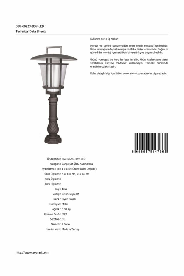 Bahçe Set Üstü Aydınlatma LED 16W 60cm Çelik Boru Siyah Dorbien-BSU-68223-BSY-LED