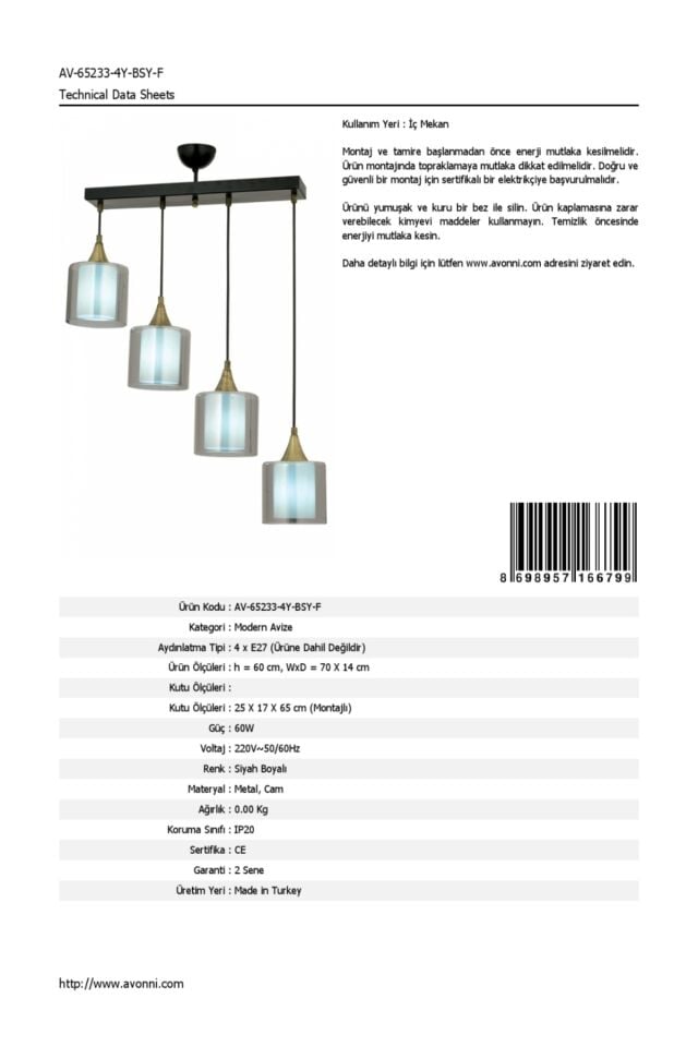 Selvi Modern Avize E27 48W 70x14cm Metal Siyah Dorbien-AV-65233-4Y-BSY-F