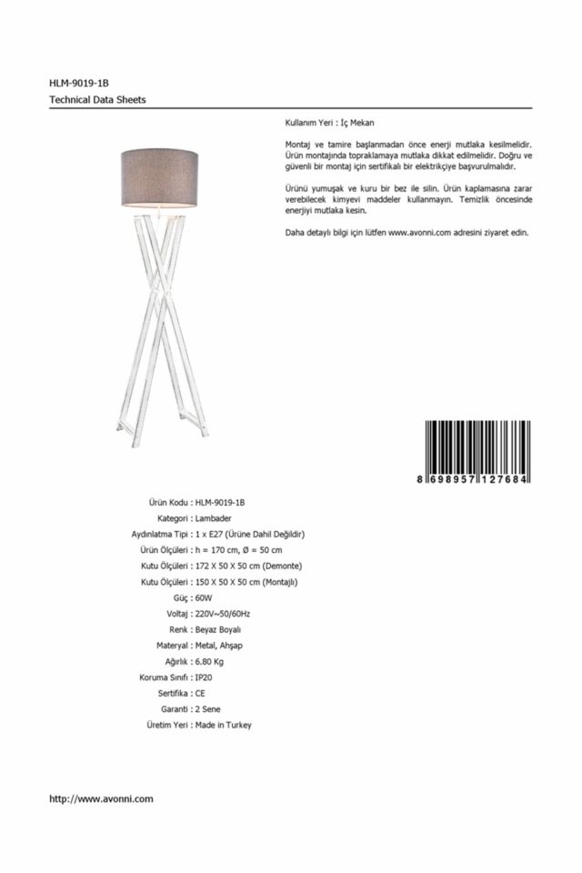 Merdiven Lambader E27 12W 50cm Metal Beyaz Avonni-HLM-9019-1B