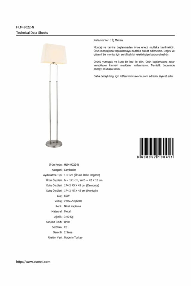 Sema Lambader E27 12W 42x18cm Metal Nikel Avonni-HLM-9022-N