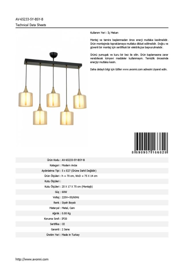 Selvi Modern Avize E27 60W 75x14cm Metal Siyah Dorbien-AV-65233-5Y-BSY-B