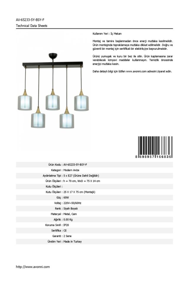 Selvi Modern Avize E27 60W 75x14cm Metal Siyah Dorbien-AV-65233-5Y-BSY-F