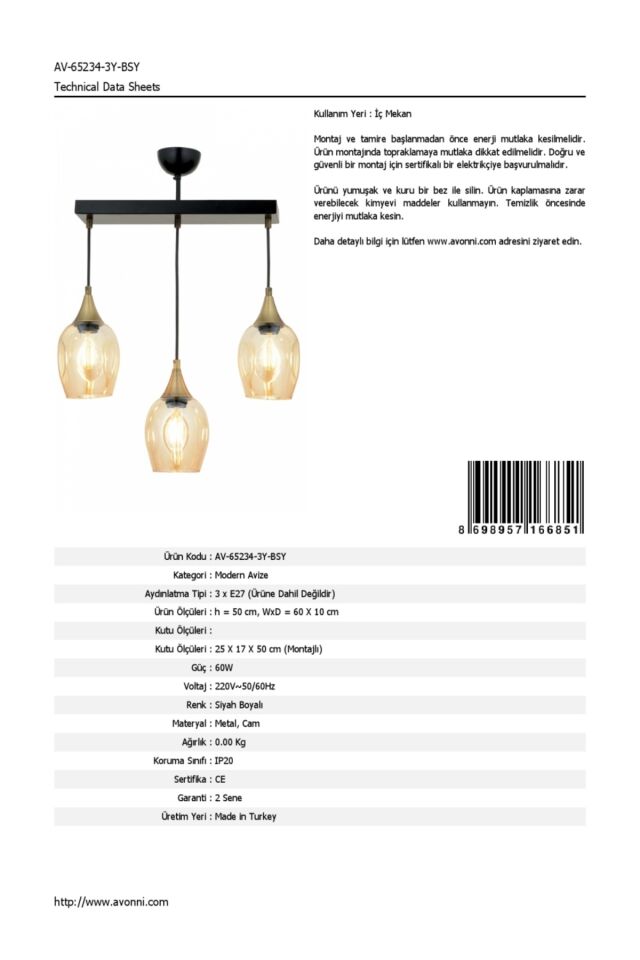 Selvi Modern Avize E27 36W 60x10cm Metal Siyah Dorbien-AV-65234-3Y-BSY