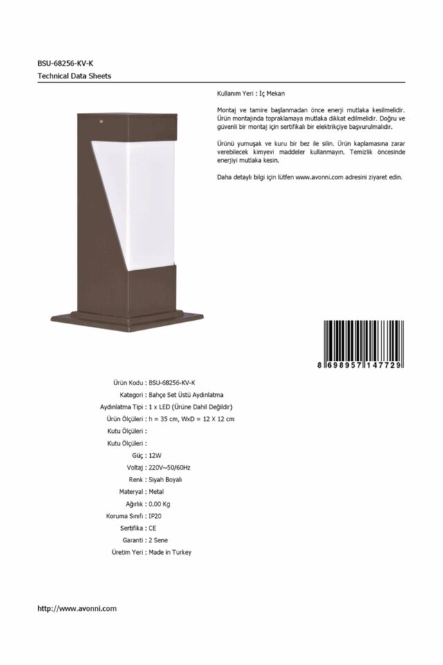 Bahçe Set Üstü Aydınlatma LED 12W 12x12cm Alüminyum Profil Siyah Dorbien-BSU-68256-KV-K
