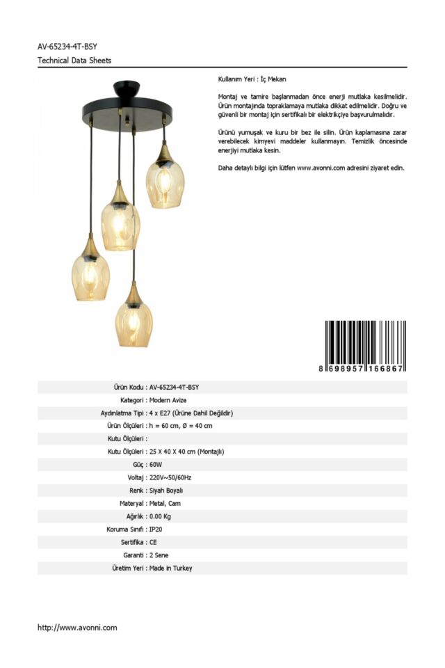 Selvi Modern Avize E27 48W 40cm Metal Siyah Dorbien-AV-65234-4T-BSY