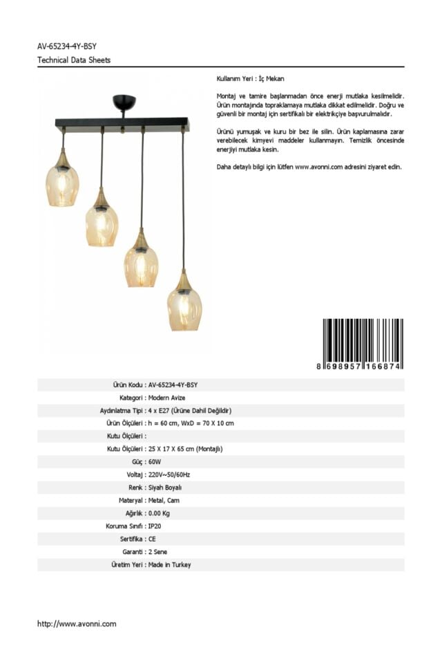 Selvi Modern Avize E27 48W 70x10cm Metal Siyah Dorbien-AV-65234-4Y-BSY