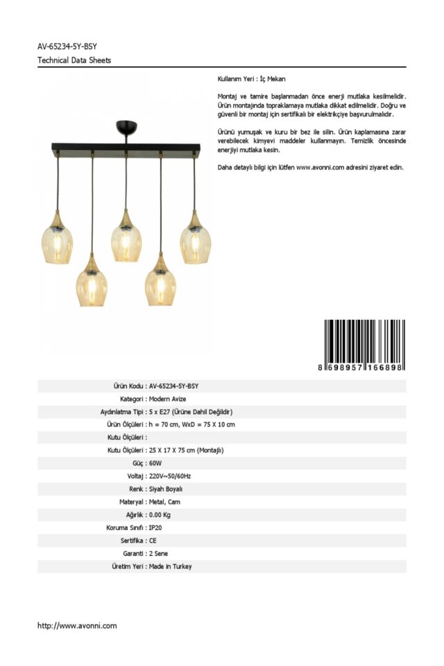 Selvi Modern Avize E27 60W 75x10cm Metal Siyah Dorbien-AV-65234-5Y-BSY