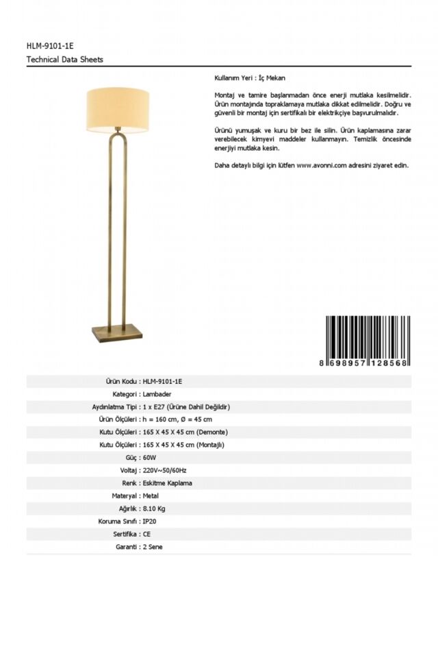 Venezıa Lambader E27 12W 45cm Metal Eskitme Avonni-HLM-9101-1E
